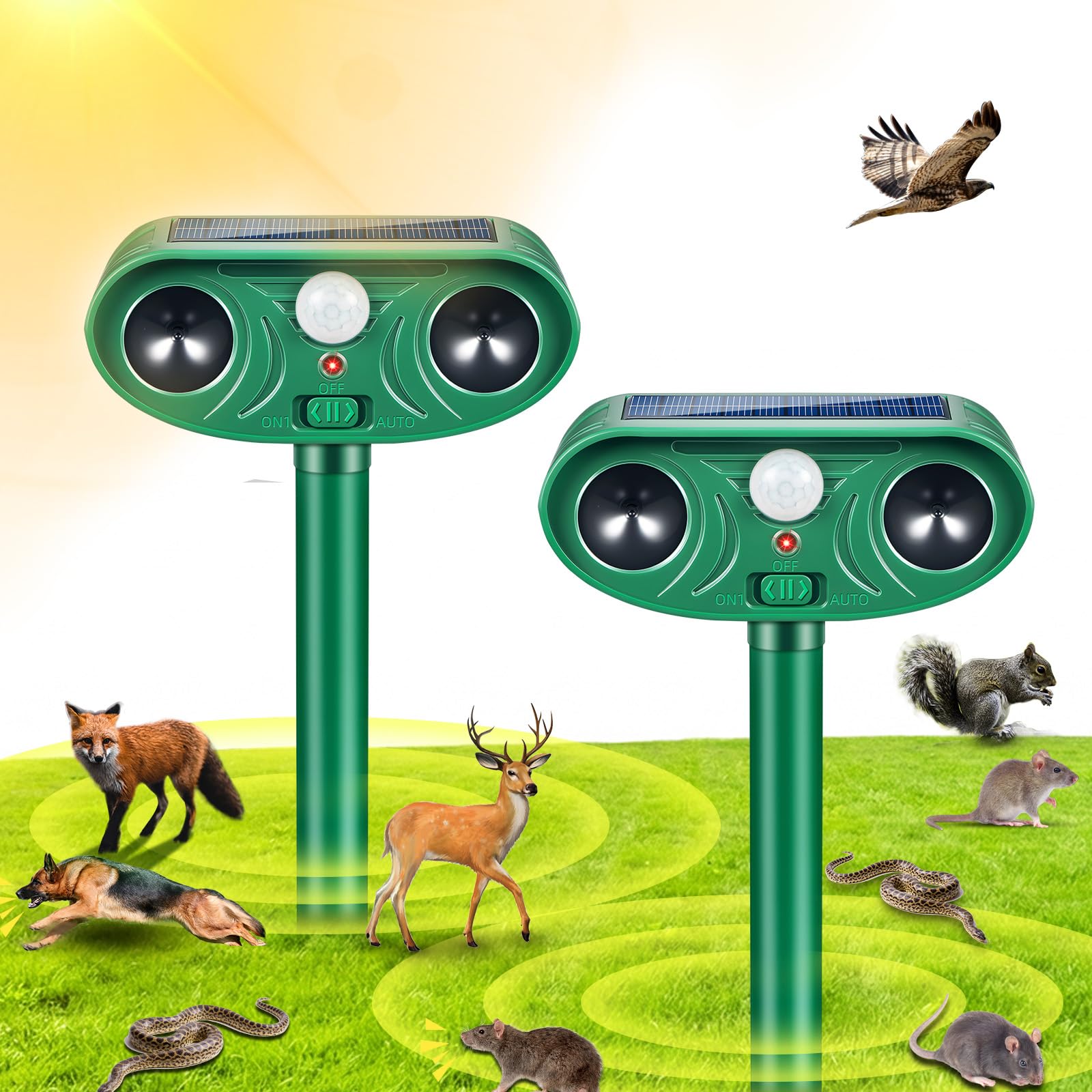 Photo 1 of 2026 Upgraded Solar Animal Repellent Ultrasonic Outdoor, 2 Pack IP65 Waterproof Deer Repellent & Cat Deterrent with Motion Sensor, Effective Racoon Rabbit Skunk Squirrel Repeller for Yard Garden