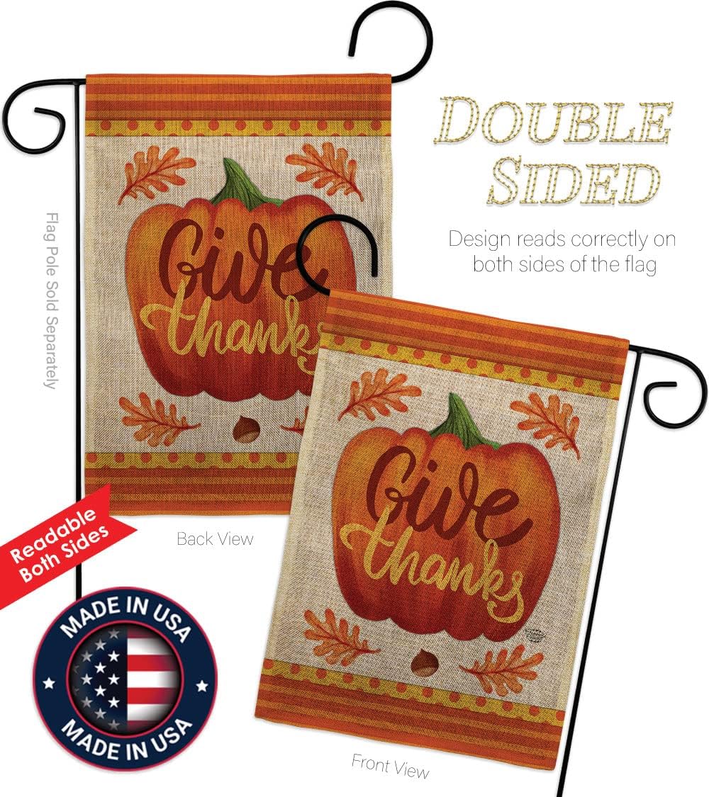 Pumpkin Give Thanks Garden Flag Fall Thanksgiving Turkey Gobble Season Autumntime Cornucopia House Decoration Banner Small Yard Gift Double-Sided, Thick Burlap, Made in USA
