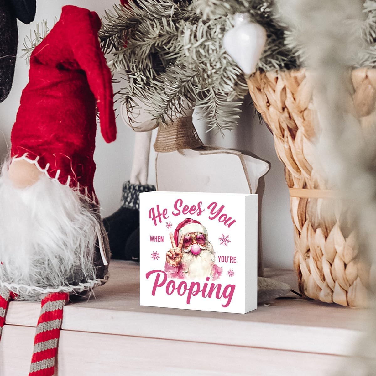 Christmas Bathroom Decor, Funny Pink Christmas Decorations, Sunglasses Santa Claus Bathroom Table Decoration He Sees You When You're Pooping Wooden Box Sign Halloween Home Desk Decor image 4