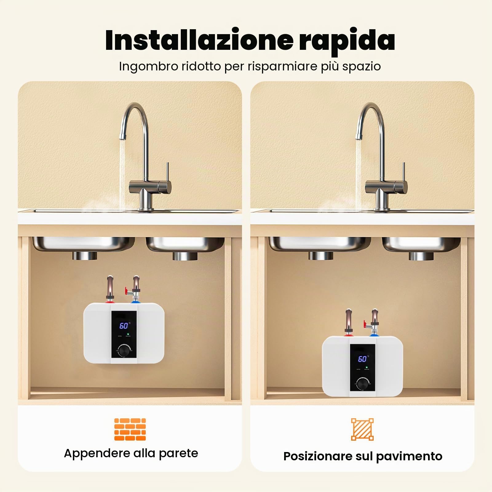 MINRS Scaldabagno elettronico da 6 l, 1500 W, con indicatore di temperatura a LED leggibile, 220 V, scaldabagno da 0 a 65 °C, per cucina e bagno