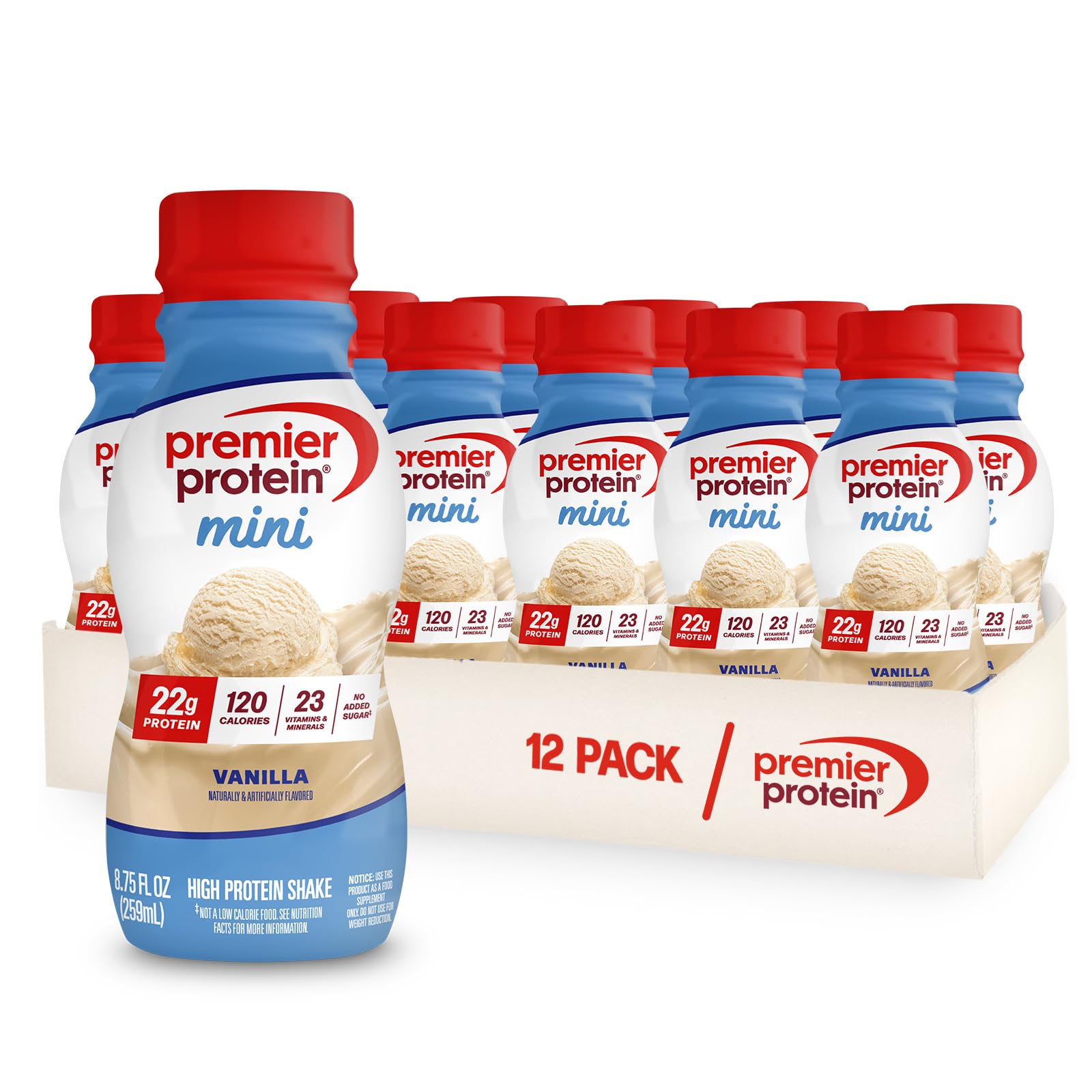 Premier Protein Shake MINIs, Vanilla, 22g Protein, 120 Calories, No Added Sugar, 8.75 fl oz, 12 Pack