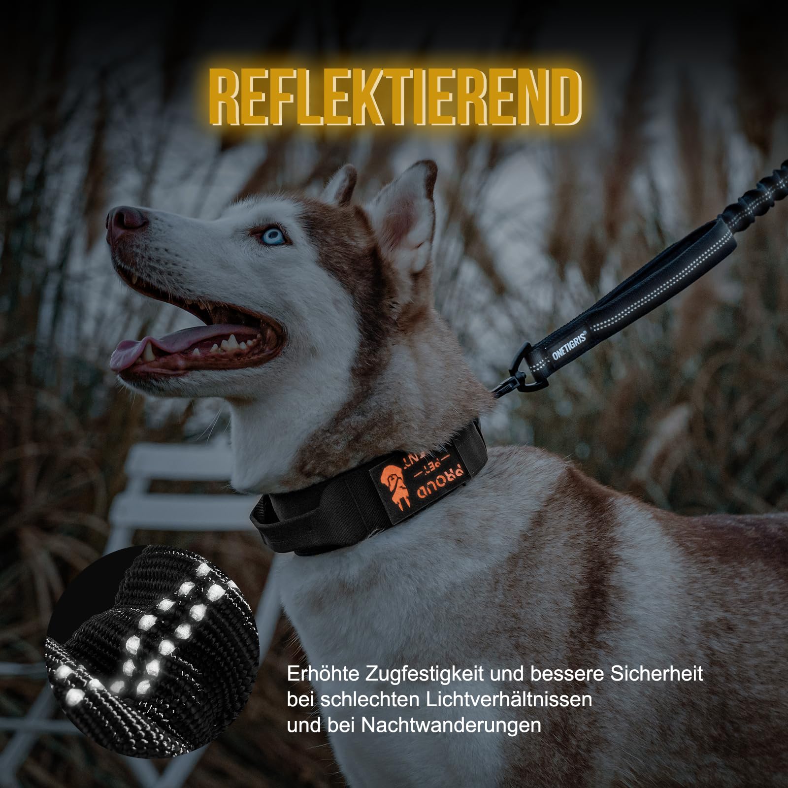 OneTigris Smycz dla Psa 152-188 cm, Bungee Jumping Design z Metalowym Klipsem i 2 Miękkimi Wyściółkami, Odblaskowa Nylonowa, dla Średnich i Dużych Psów, Czarna