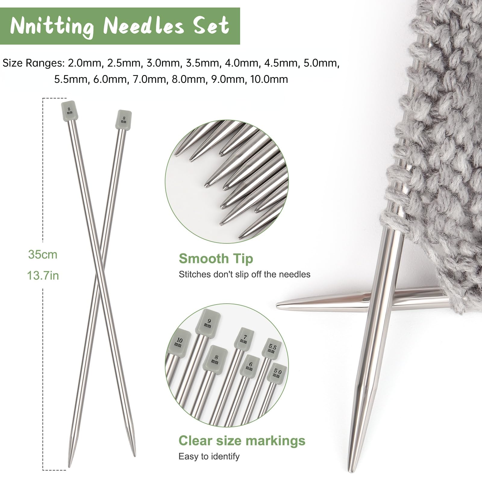 Coopay Lot D'aiguilles à Tricoter Courtes De 25 Cm, Aiguilles à