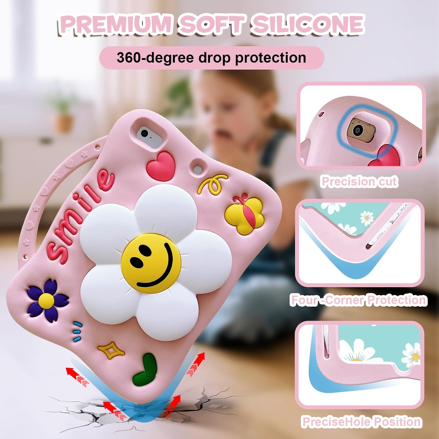 Case for iPad (A16) 11th Generation 11 Inch 2025, iPad 10th Generation 10.9 inch 2022, Full-Body Shockproof Kids Case for Pencil Holder & Adjustable Shoulder Strap, Smiley Flower