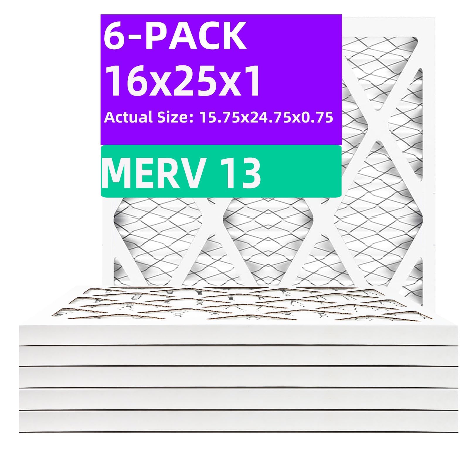 16x25x1 MERV 13 (6-Pack) Pleated Air Filter (Actual Size: 15.75" x 24.75" x 0.75") MPR 1900 & FPR 10, Furnace Air Filters