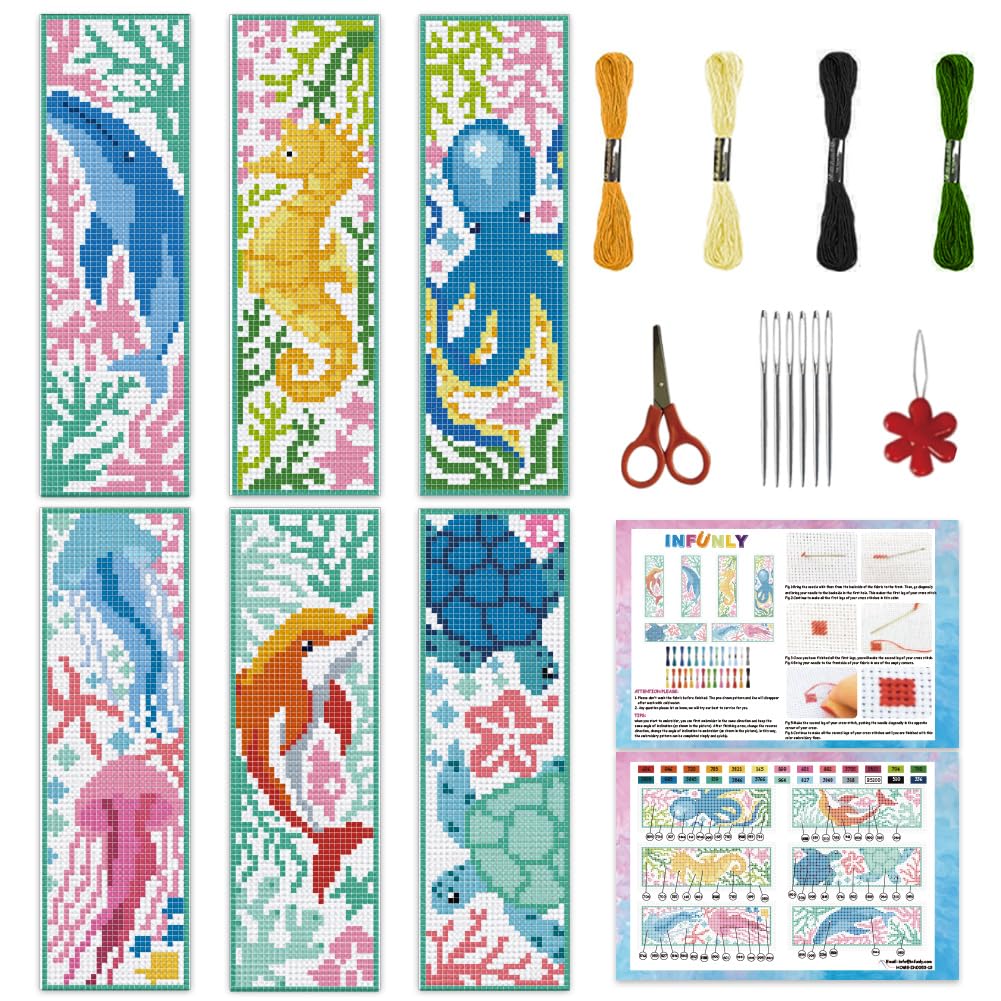 INFUNLY 6 Set Sea Animals Cross Stitch Bookmark Kit for Beginners Whale DIY Cross Stitch Kits Pre-Printed Jellyfish Summer Stamped Embroidery Bookmark Kit with Instruction for Book Lovers Reader Gift