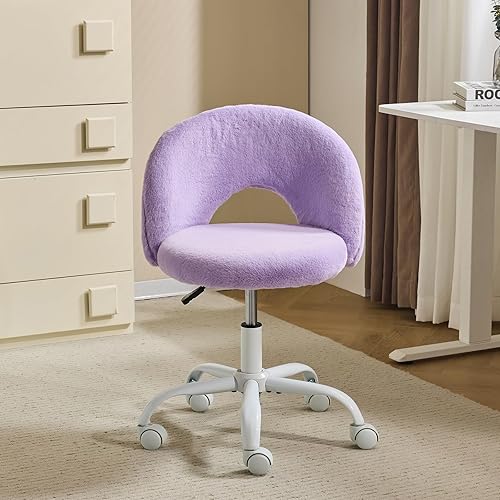 VINGLI Small Vanity Chair with Faux Fur Wheels for Girls,Cute Adjustable Height Armless Office Desk Chair,360°Swivel Comfy Rolling for Study,Make up Room,Small Space,Purple
