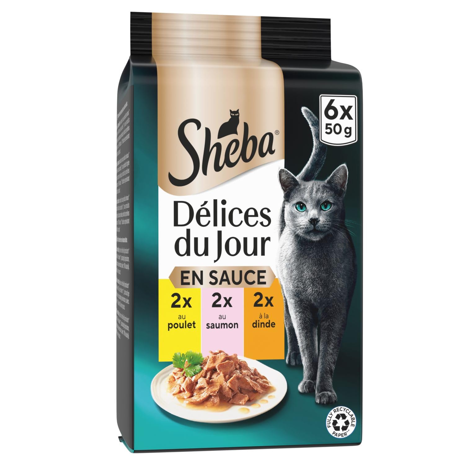 Sheba Délices du Jour Set de 12 x 6 Sachets Fraîcheur à La Volaille/aux Poissons en Sauce pour Chat 50 g