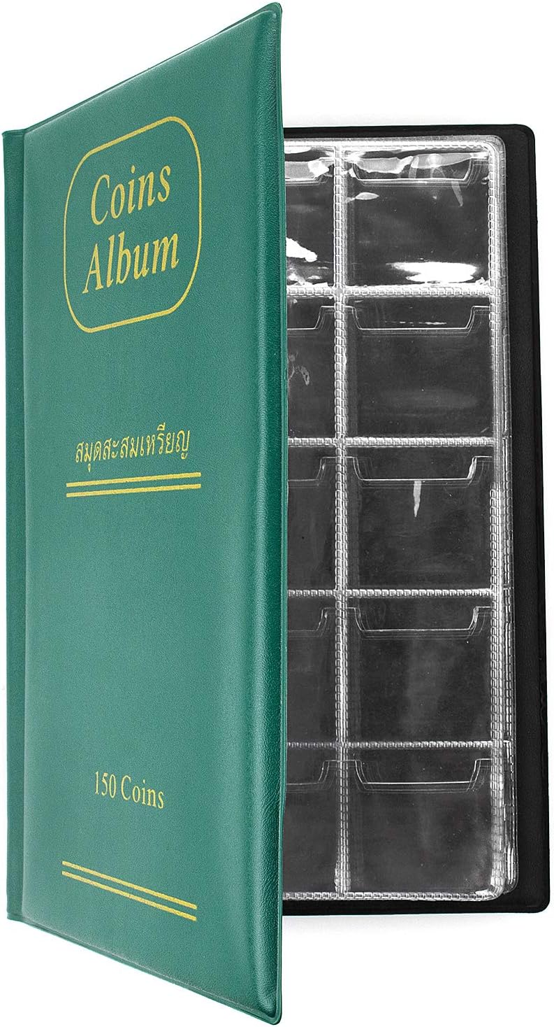 CenterZ 150 Pockets Coin Album, Penny Collecting Book, Souvenir Coins Collection Holder, Ideal for Pressed Pennies Passport, Hobby Coin Collector, Money Specie Display Storage Case (Green)