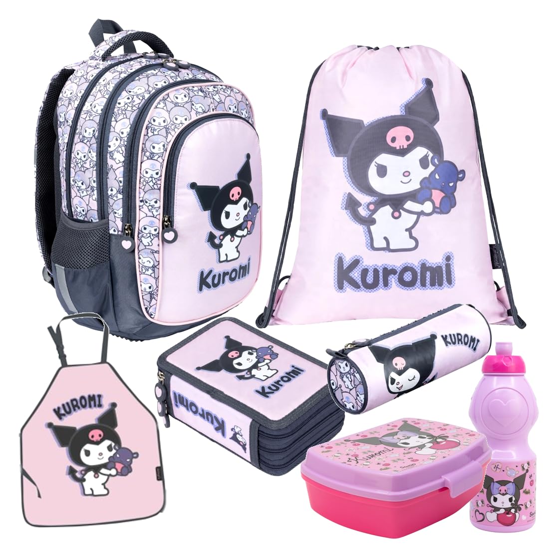 Kuromi Hello Kitty 7 Teile Set Schulrucksack Schulranzen Ranzen Tasche Tornister Federmappe Federtasche Brotzeitdose mit Sticker-von-Kids4shop