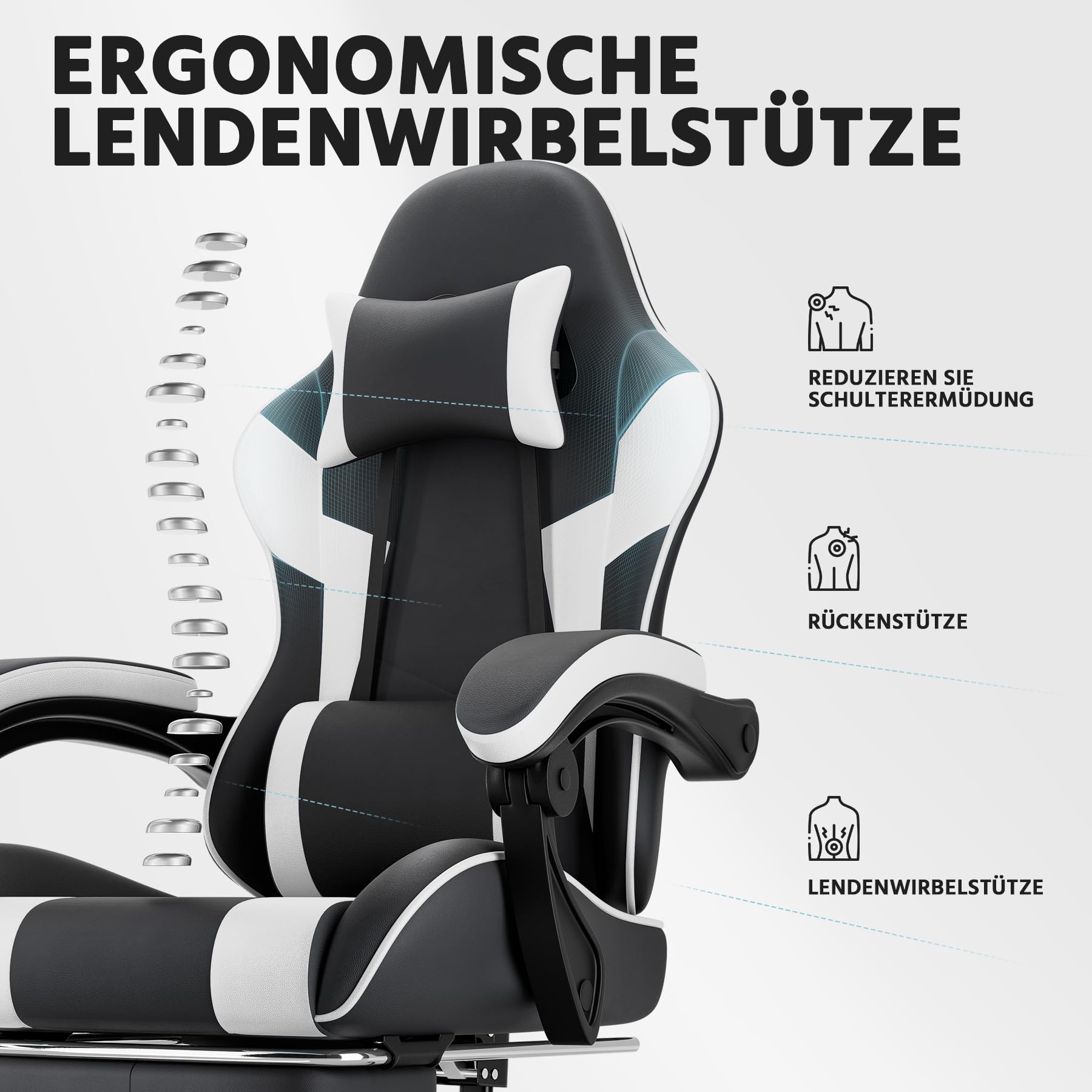 vutizal Sedia da gaming ergonomica con supporto lombare – Sedia da ufficio in pelle PU con schienale regolabile e poggiapiedi – Fino a 200 kg – Nero/Bianco