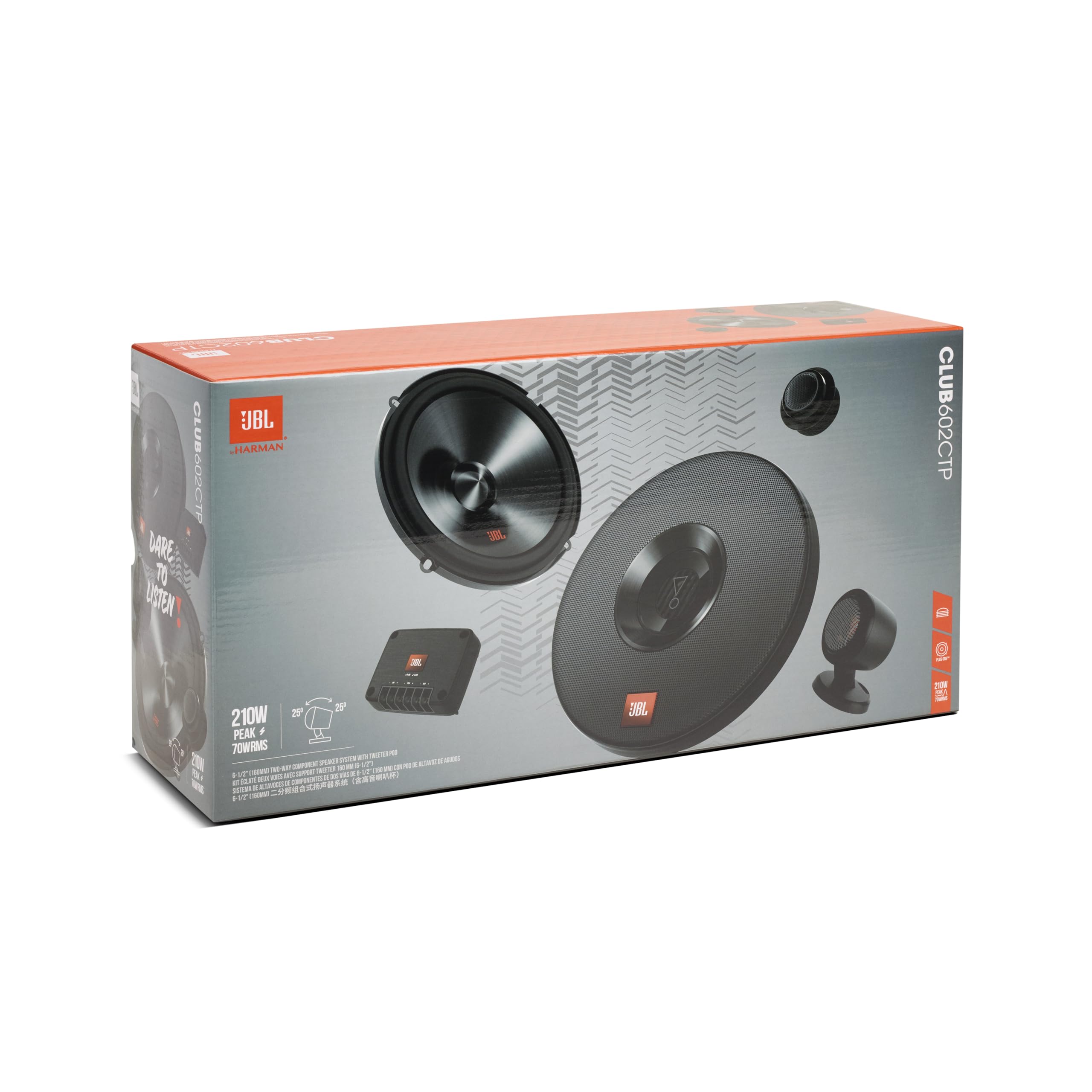 JBL Club 602CTP Kit Altoparlanti Auto Componenti 2 Vie 165mm (6.5"), 210W Picco, 70W RMS, 3 Ohm, Coni Plus One, Tweeter Cupola Seta Regolabili, Crossover, Suono Hi-Fi, Set Completo