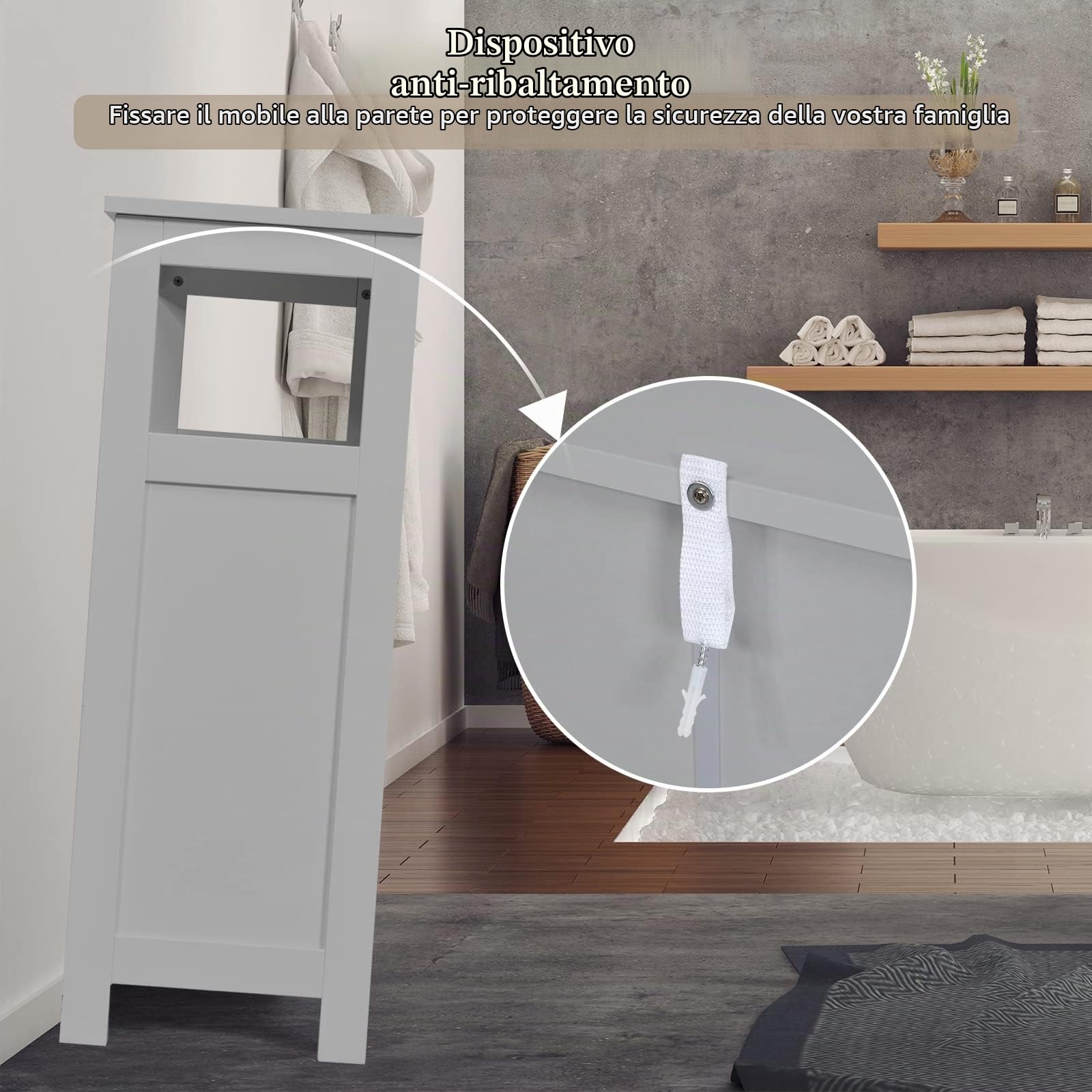 RELAX4LIFE Mobile da Bagno, Armadietto da Terra in Legno con Ripiano Regolabile, Mobiletto Salvaspazio per Cucina Soggiorno Corridoio Ingresso, 60 x 30 x 80 cm (Grigio)