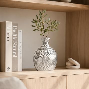 Torre & Tagus Hammered Ceramic Bottle Vase, Tall, Silver