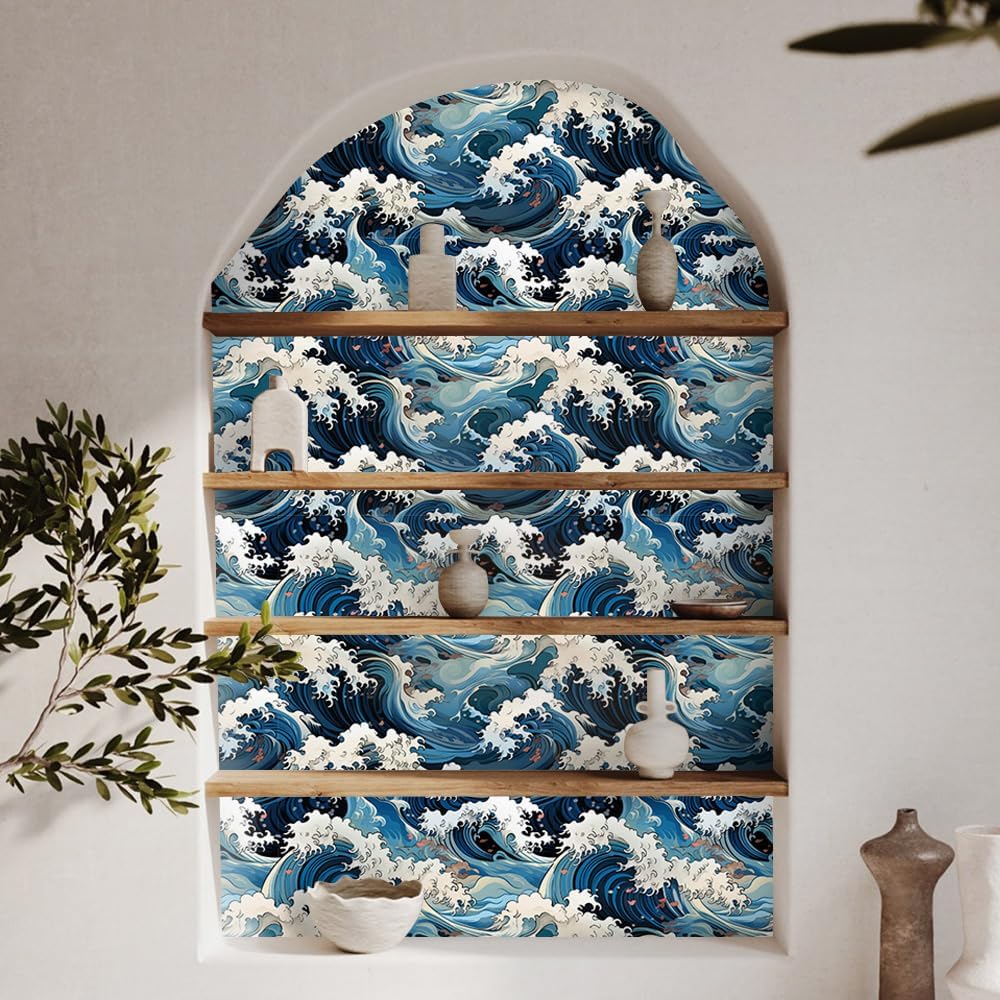 Vinatge Janpanese Sea Wave Blue/Yellow Mosaic Peel and Stick Wallpaper Self Adhesive Wall Paper for Kitchen Cabinet Renter Friendly 29sq.ft