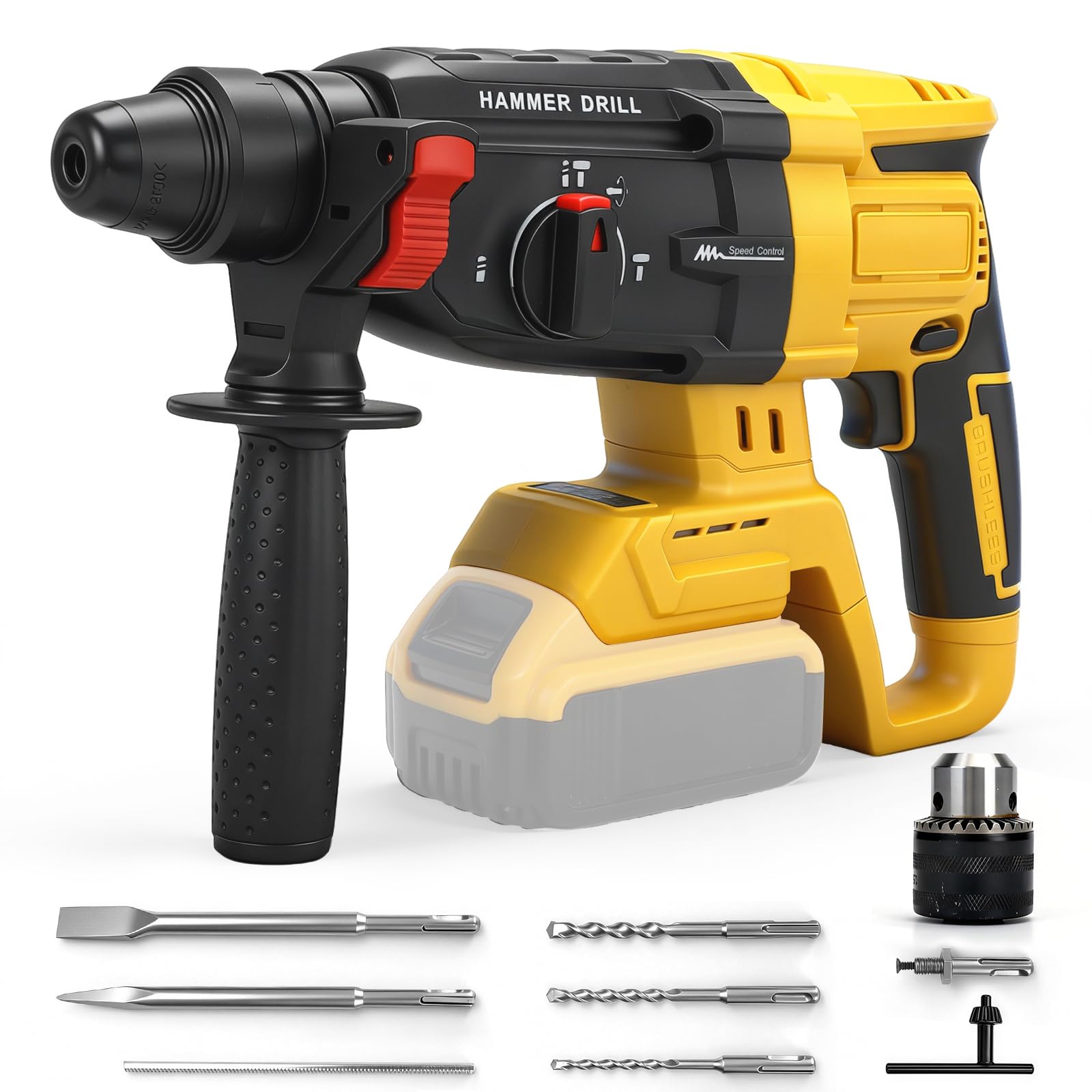 Taladro percutor inalámbrico compatible con batería Dewalt de 20 V (sin batería), taladro eléctrico sin escobillas SDS-Plus de 2.6 J con 3 modos de funcionamiento y mango ajustable de 360°, para