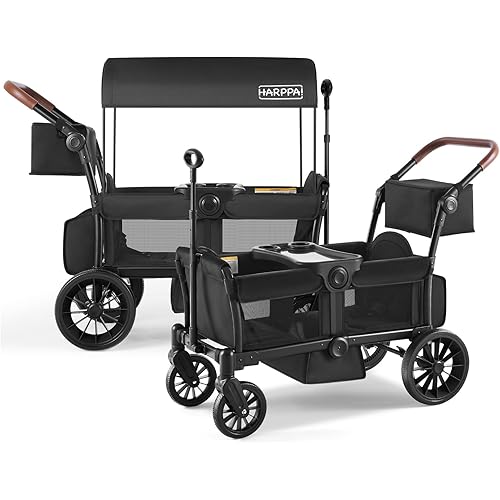 HARPPA All-Terrain Wagon Stroller for 2 Kids, Foldable Outdoor & Beach Stroller Wagon with Removable Canopy, Adjustable Push & Pull Handle, Footwell & Large Storage, Black