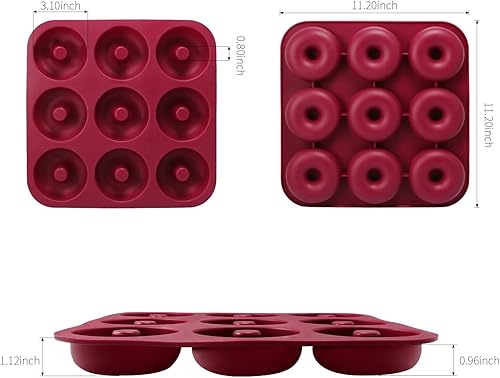 Miniatura 3 de Silicona Donut Pan para hornear Moldes de Donut de grado profesional 9Cavidad de Donut PanFUNLAVIE, rojo, (claret red)