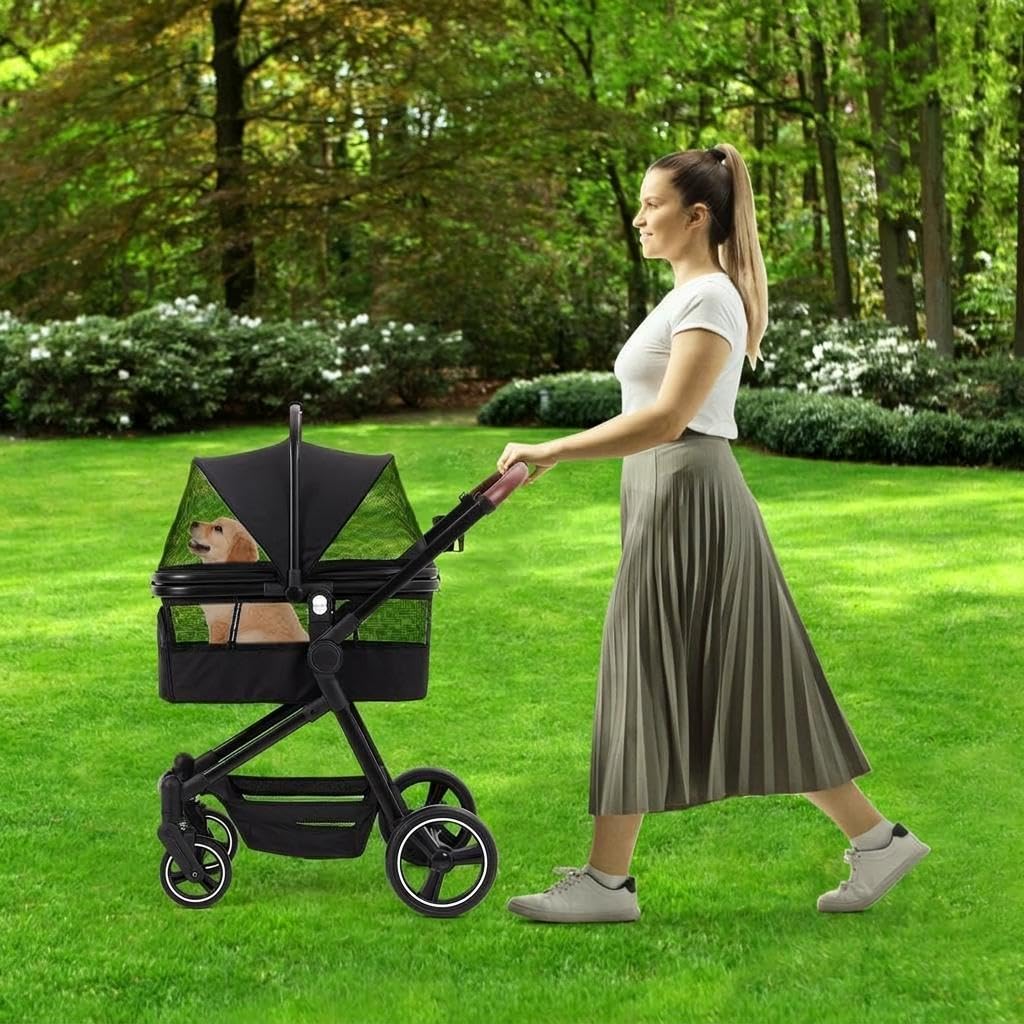 Passeggino pieghevole 3-in-1 per cani e gatti fino a 22 kg - Ruote ammortizzate, finestre in rete, cesto portaoggetti, portabicchieri, copertura antipioggia -nero
