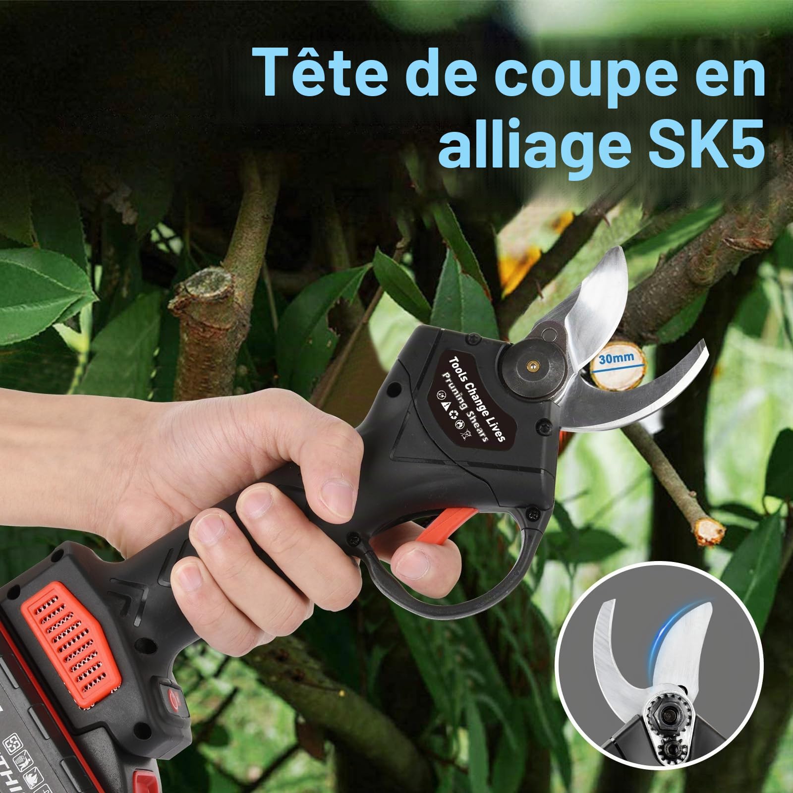 sécateur électrique sans balais, 30 mm Sécateur électrique avec 2 batteries de 36V 2.0Ah, lames en SK5, diamètre de coupe de 20-30mm pour Le Jardinage, Les Arbres fruitiers