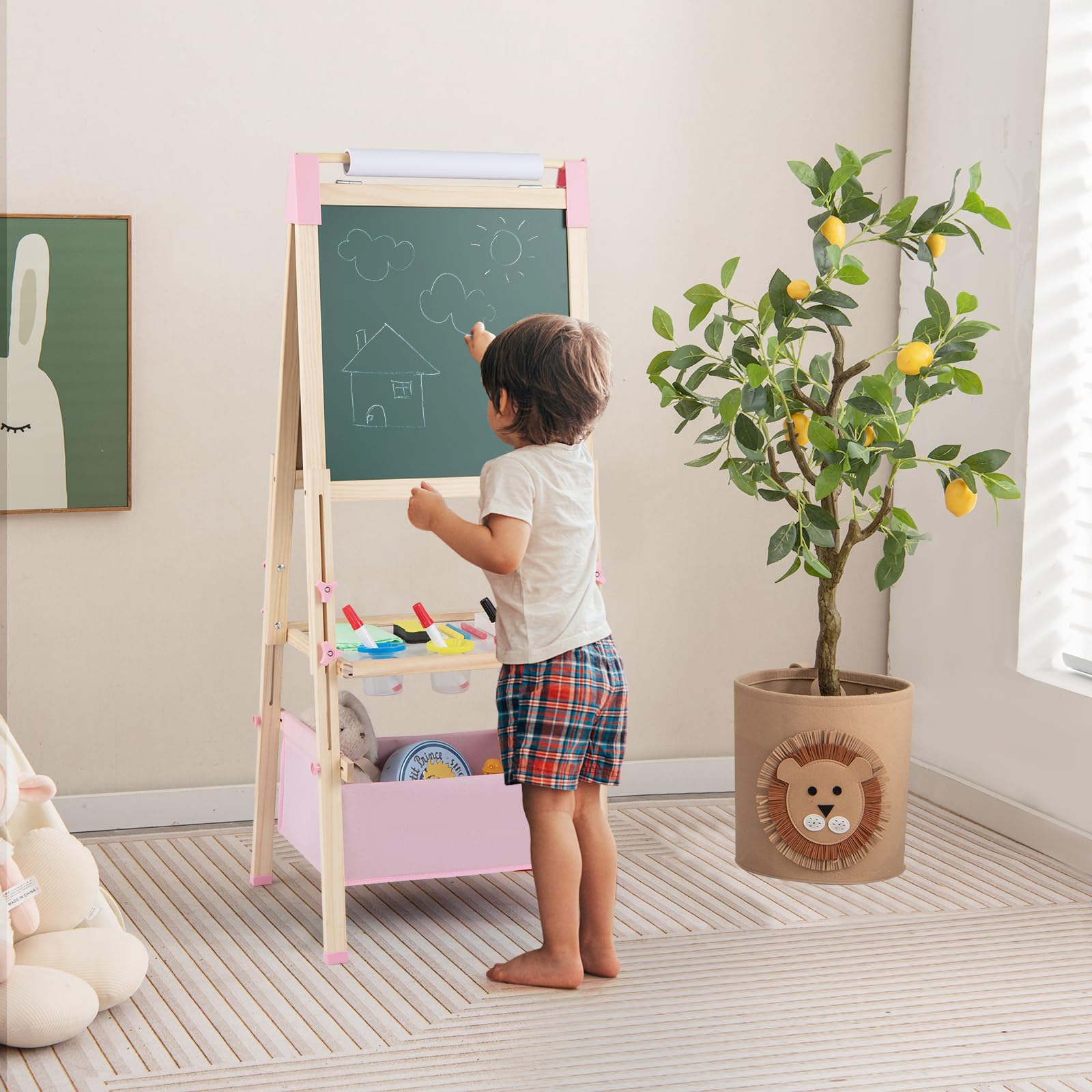 COSTWAY Cavalletto per Bambini Regolabile in Altezza in Legno, Cavalletto a Doppio Lato con Lavagna Magnetica e Bianca, con Scatola, Magneti con Lettere e Numeri, per Bambini 3-8 Anni (Rosa)