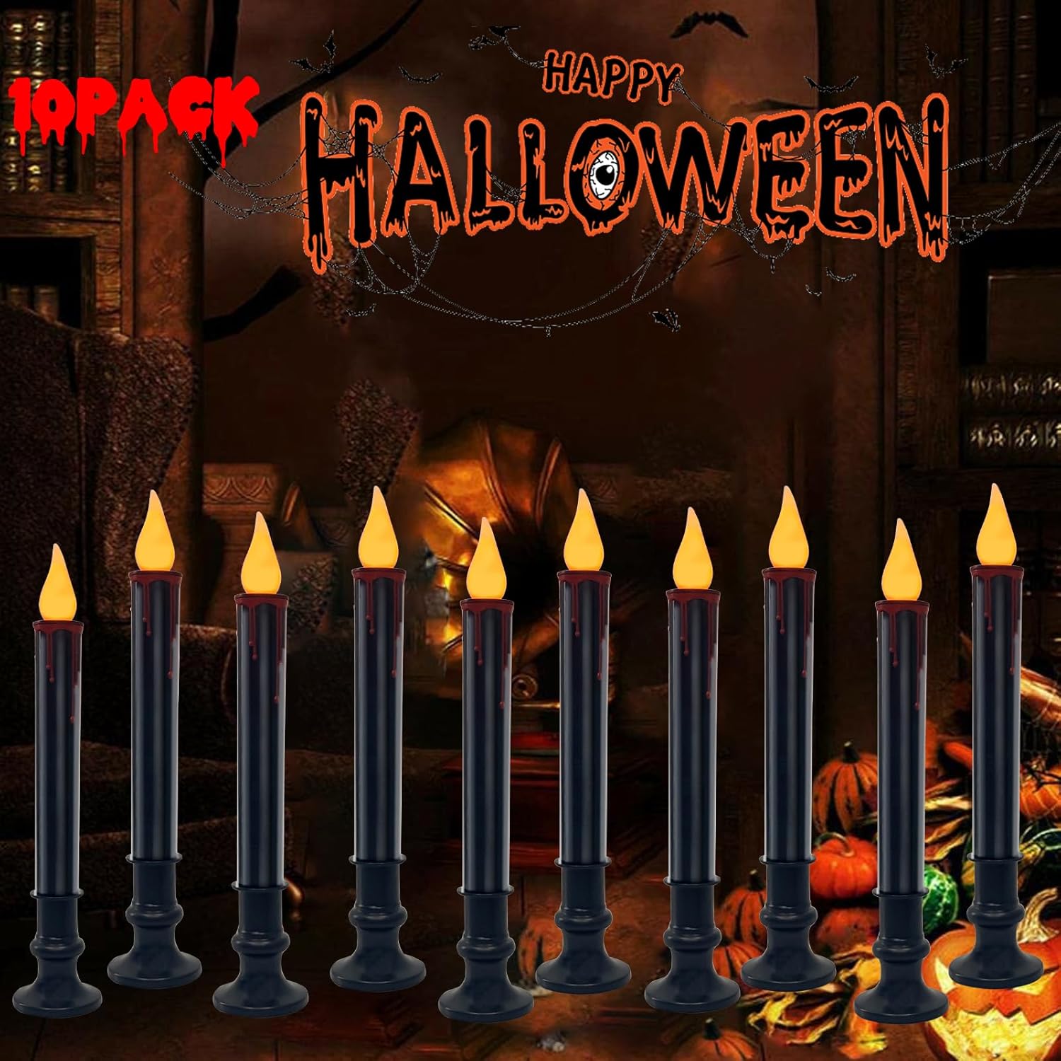 10 Pack Halloween Black Electric Candles, Dusk to Dawn Battery Operated Window Candles with Taper Flickering Bulbs, Flameless Halloween Window Candle with Timer for Table Kitchen Halloween Decor