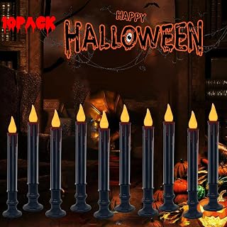10 Pack Halloween Black Electric Candles, Dusk to Dawn Battery Operated Window Candles with Taper Flickering Bulbs, Flameless Halloween Window Candle with Timer for Table Kitchen Halloween Decor