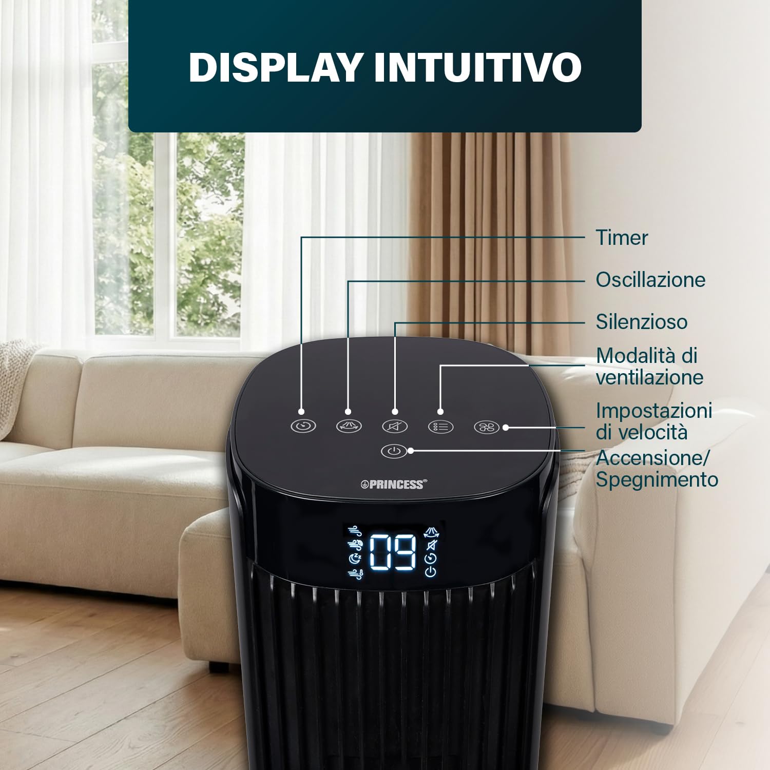 Princess Ventilatore a torre Design elegante - 40 W - Potente, Silenzioso, Basso consumo - Altezza: 91,5 cm - Oscillante - 4 modalità - 12 velocità - 352370