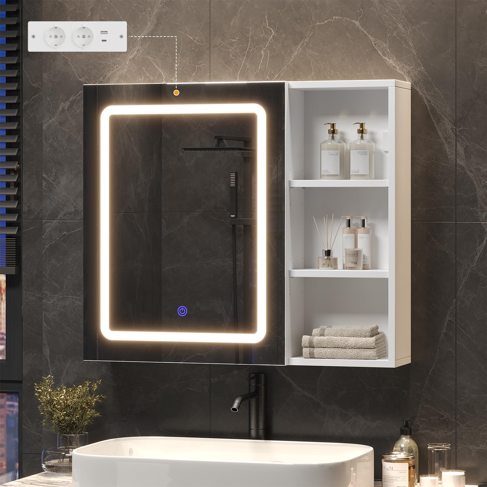 Badezimmer Spiegelschrank 70x60 cm mit LED-Beleuchtung,Verstellbare Regale