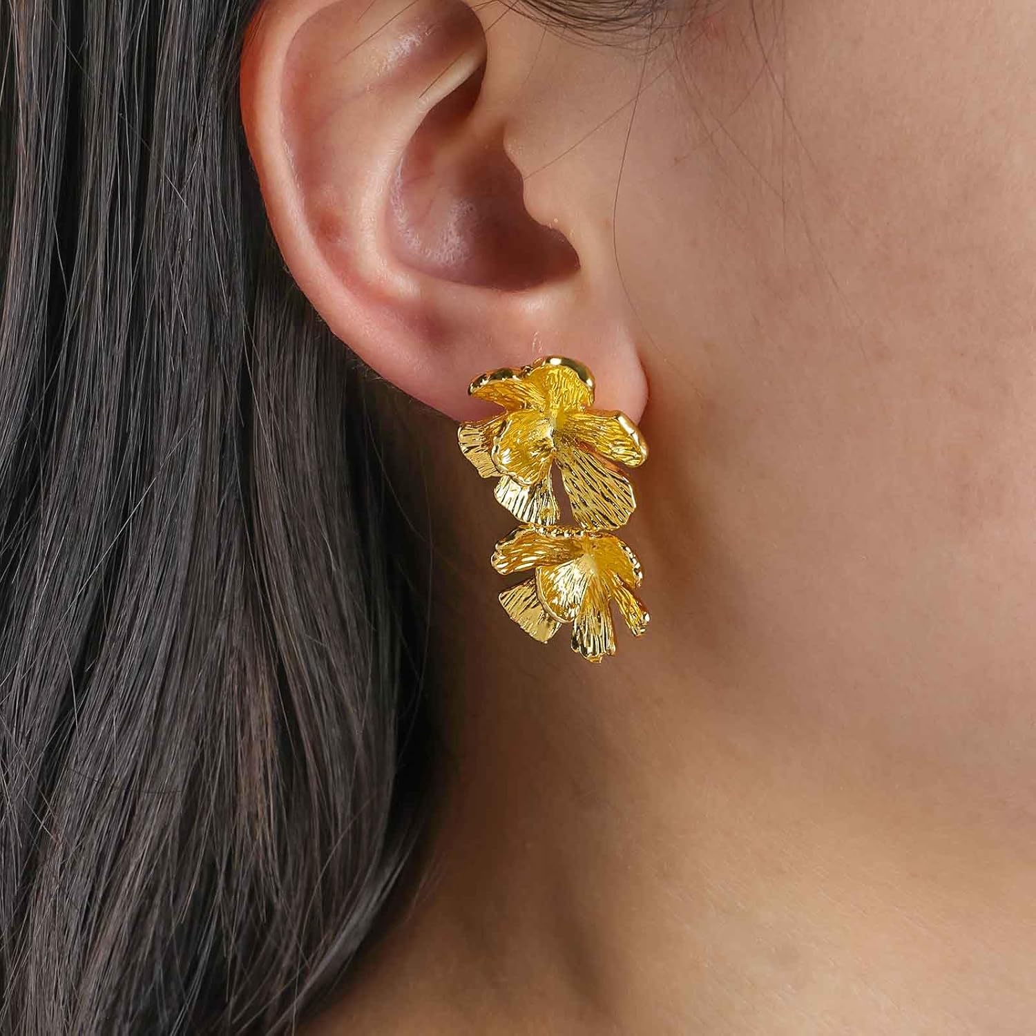 Andelaisi Boho Gold Flower Earrings Vintage Flower Floral Earrings Gold Double Floral Dangle Earring Personalized Lily Petal Earring Jewelry for Women - Image 5