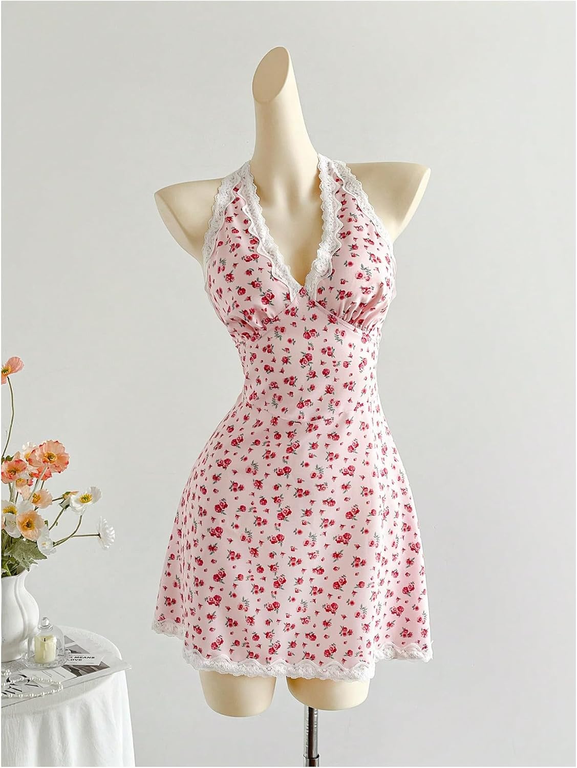 SOLY HUX Women's Floral Lace Trim Halter Mini Dress Deep V Neck Beach Sundress Cute Summer Dresses - Image 3