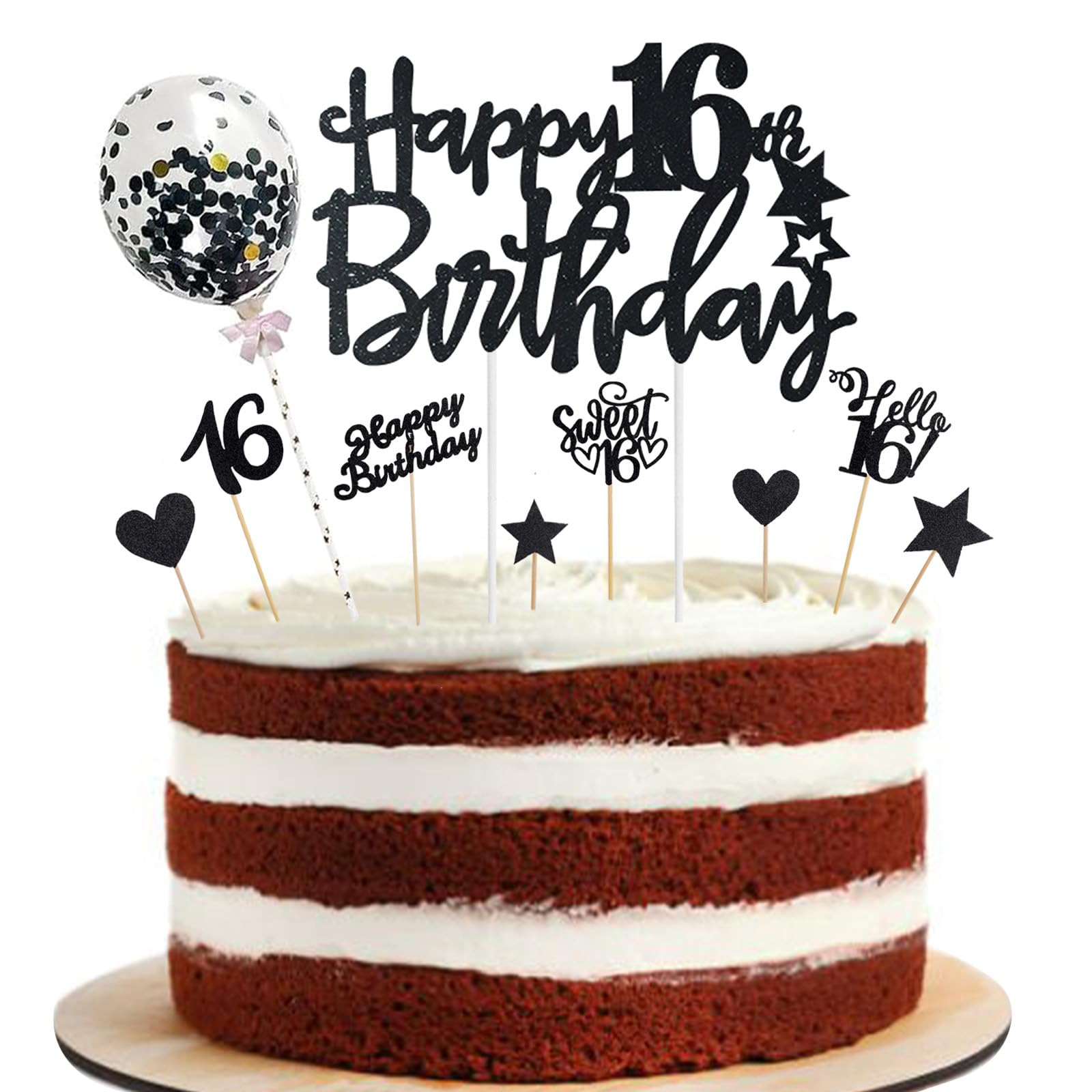 ALEGRE Sweet 16 Geburtstag Jungen Mädchen,10 Stück Schwarz Tortendeko 16 Geburtstag Deko,Glitzer Happy 16th Birthday Cake Topper,Hello 16 Kuchen Deko 16 Jahre,Tortenaufsätze Geburtstagsdeko 16