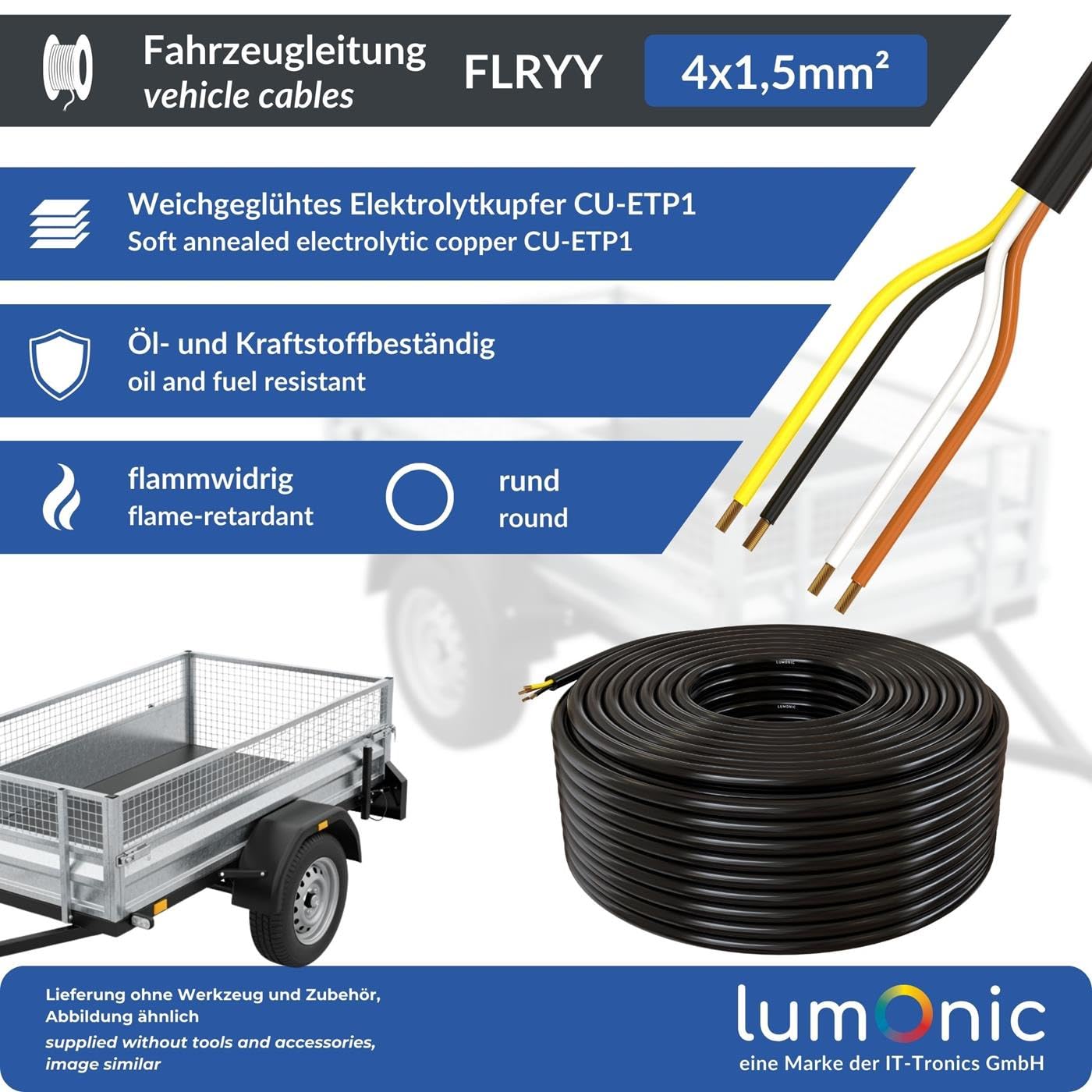 Lumonic 10m FLRYY Cavo per Veicoli a 4 Poli - Sezione 4x 1,5mm² - per Rimorchi Multipolare