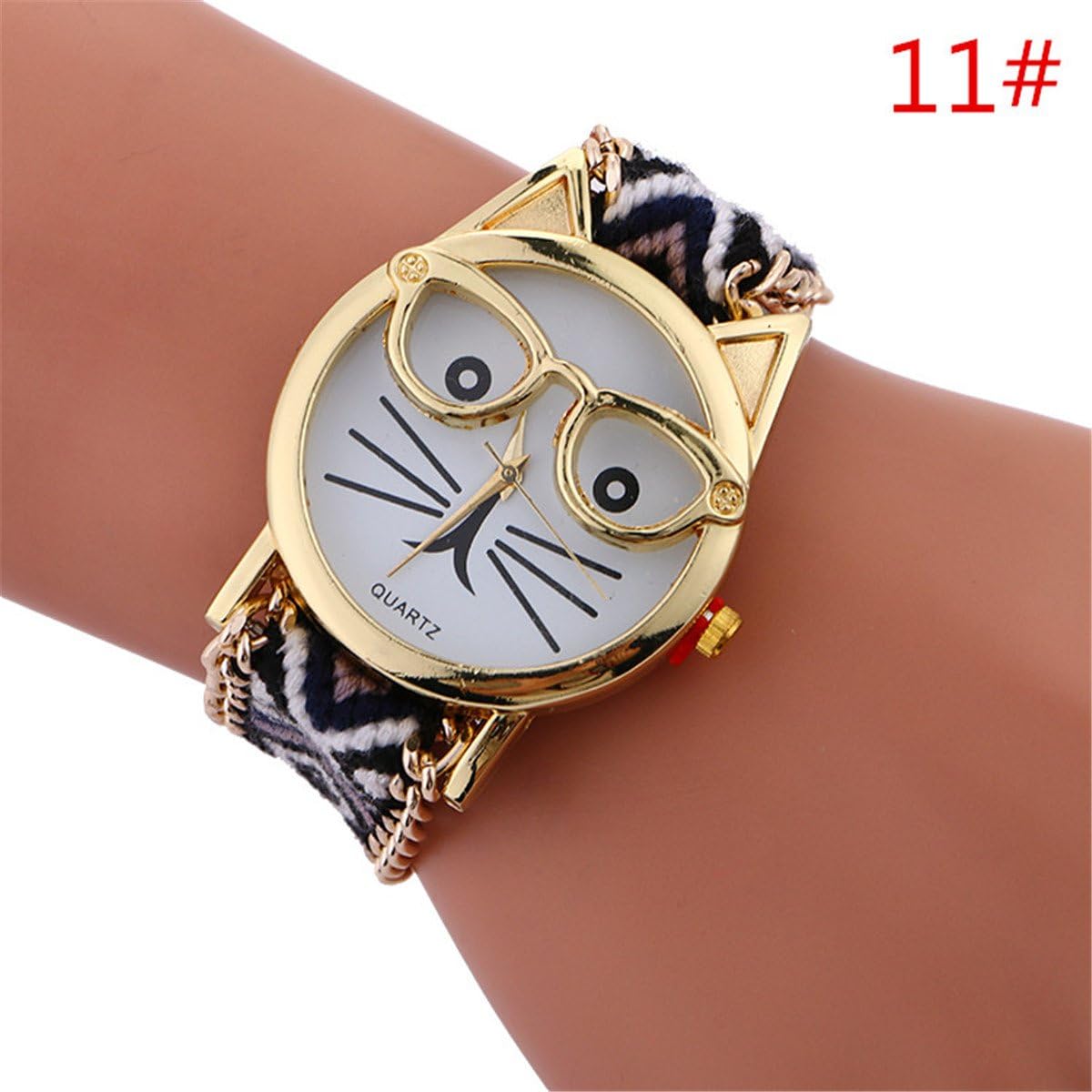 Women Ladies Girls New Fashion Gold Lovely Cat With Glassse Multi Color Knitted Wrap Chain Bracelet Watch Wedding Party Dress Decor Gift (11#)