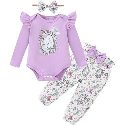 DISAUR Baby Girls Clothes Newborn Infant Baby Girls Outfit Long Sleeve Ruffle Romper Floral Pants Headband Sets 0-18 Months