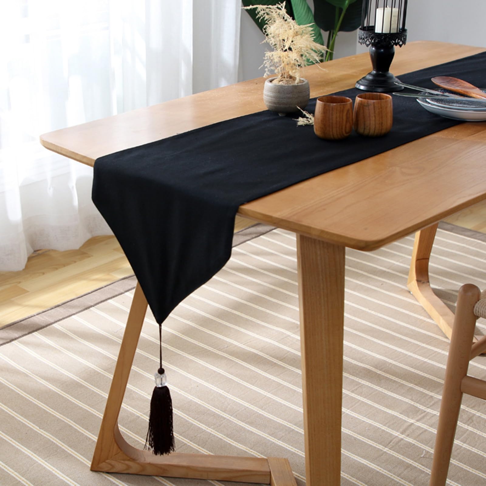 Tischläufer Polyester Landhausstil, Tischläufer Wohnzimmer 33x200 cm, Schwarzer Leinenoptik mit Quasten