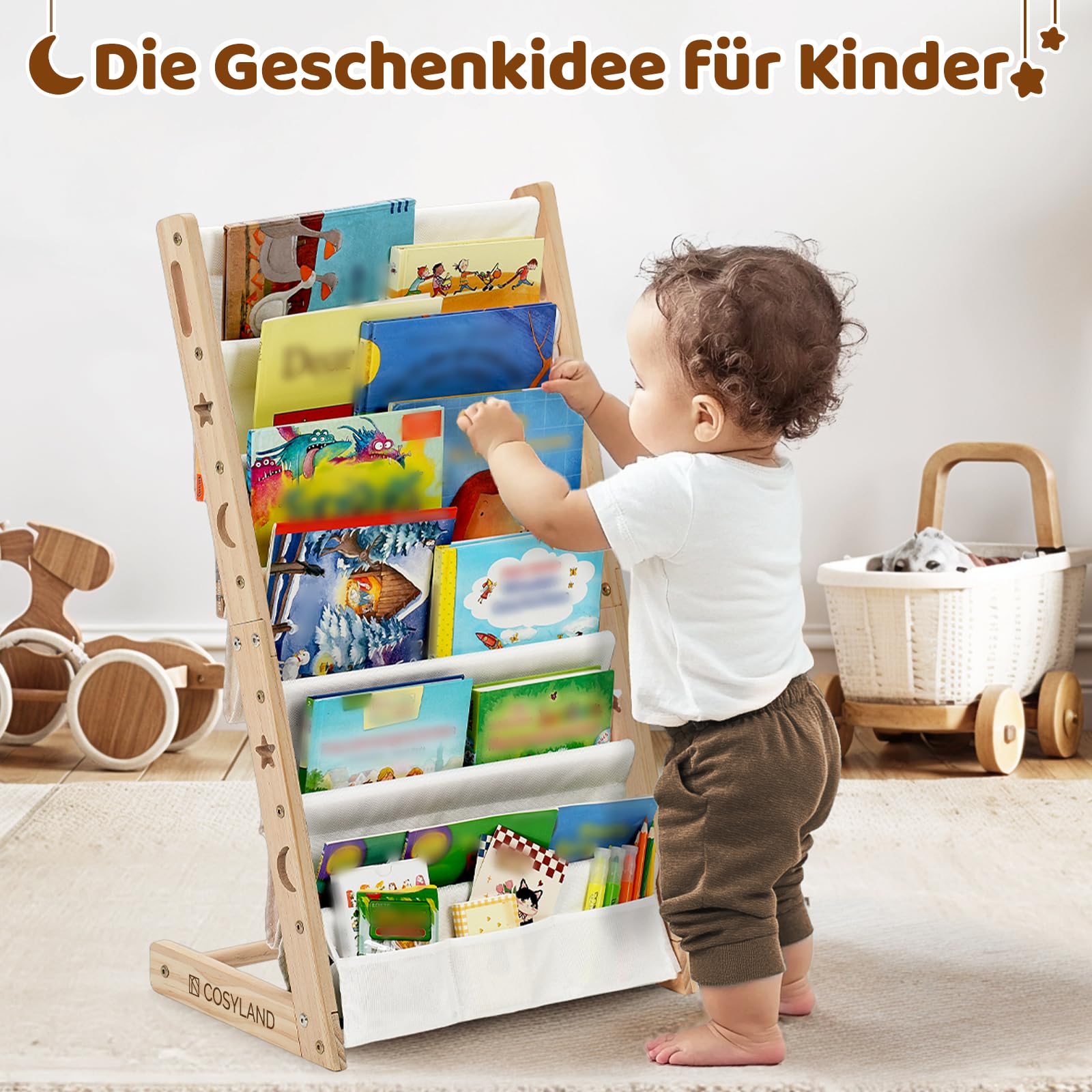 COSYLAND Kinderbücherregal Montessori – Bücherregal Kinder mit 6 Stofffächern, frontal offenes Bücher-Display aus Kiefernholz, Kinderregal für Kinderzimmer & Leseecke, Naturholz, 42 x 30 x 76 cm