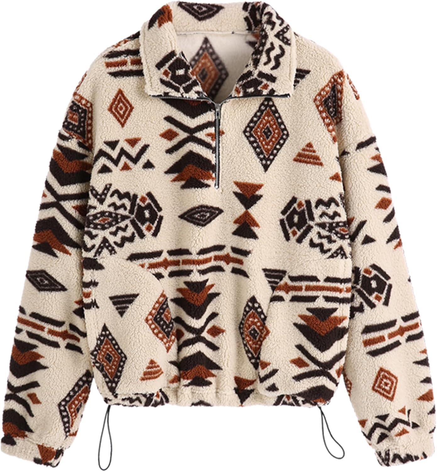 ZAFUL Sweatshirt for Women Oversized Quarter Zip Pullover with Pockets, Long Sleeve Ethnic Aztec Print Faux Fur Crop Top XXL