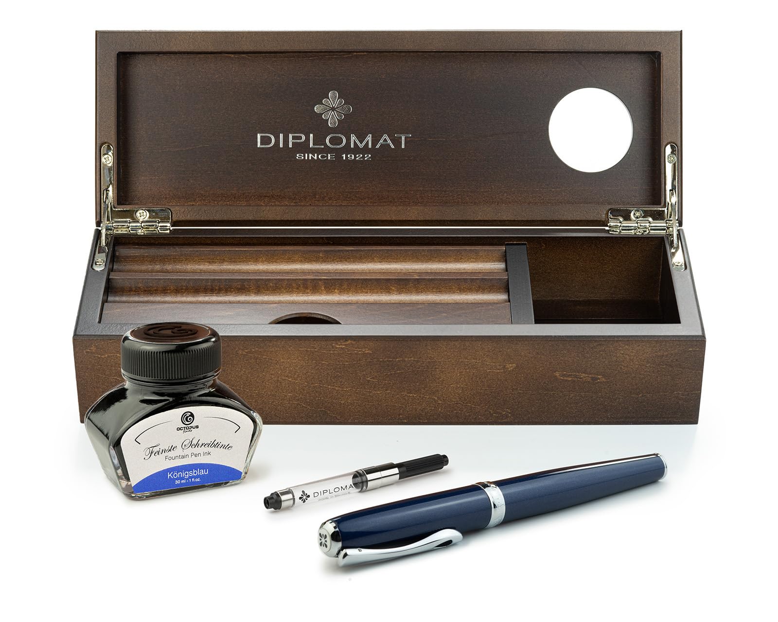 Diplomat Füllhalter-Set Excellence A2 Midnight Blue Chrom mit Wenge-Holz