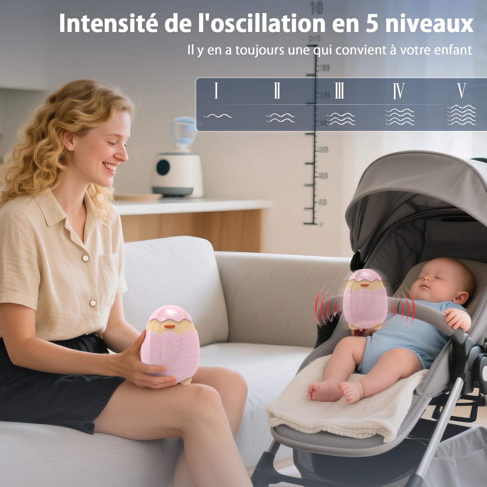 Robofun Balançoire Automatique Pour Bébé, Rocker Rechargeable- Accessoire Électrique Portable avec 30-60-90 Minuterie et 5 Vitesse Réglable - Compatible avec la Majorité des Poussettes, Rose