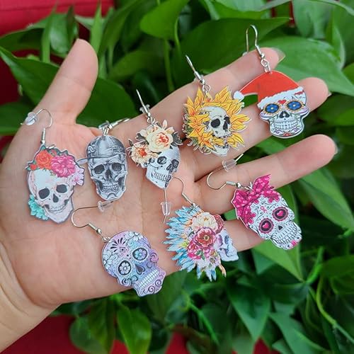 Miniatura 3 de Pendientes colgantes de acrílico con diseño de calavera de girasol y calavera, diseño de calavera india, diseño de calavera