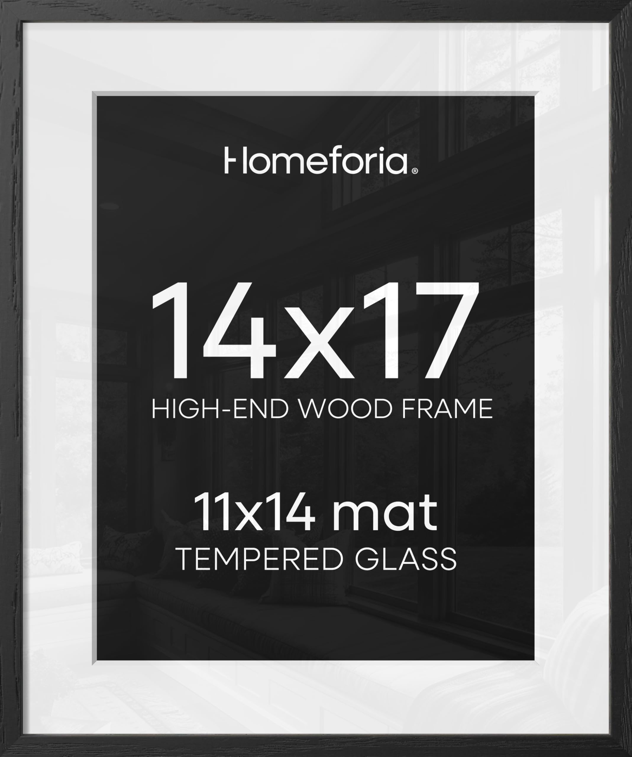 Homeforia 14x17 Black Oak Picture Frame, High-End Wood, 11x14 Mat, Glass | High End Solid Oak Wood, Tempered Glass, Acid-Free 11x14 Removable Mat, 14x17 Edge-to-Edge Display 17x14, Wall Kit, Set Of 1