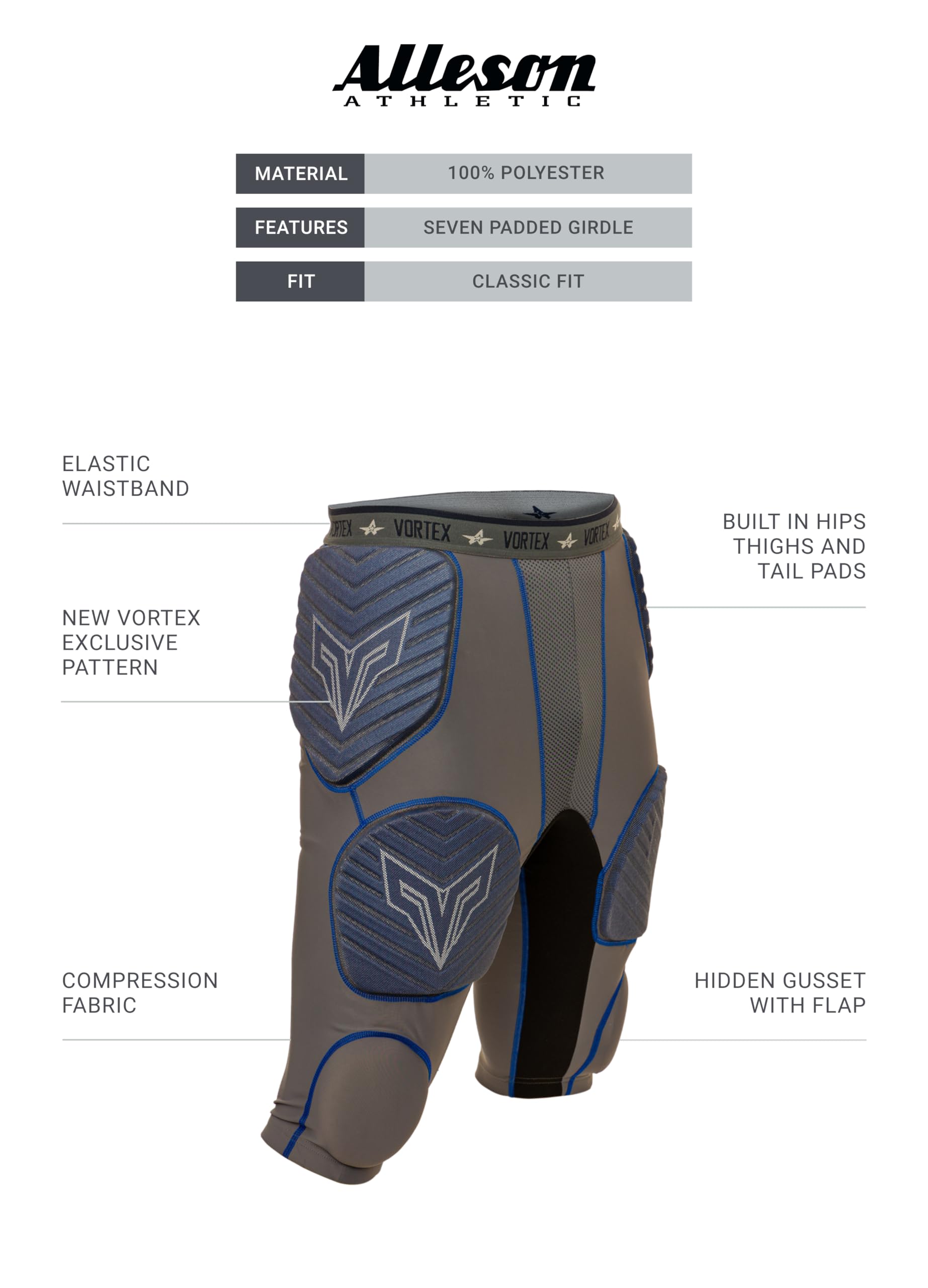 Alleson Athletic Adult Vortex Integrated 7 Padded Football Girdle (Style 7SIPG2), Charcoal Solid, 4XL