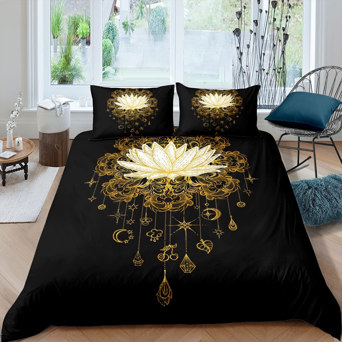 Housse de couette et lin floral Golden Lotus double avec 3 pièces noir et blanc