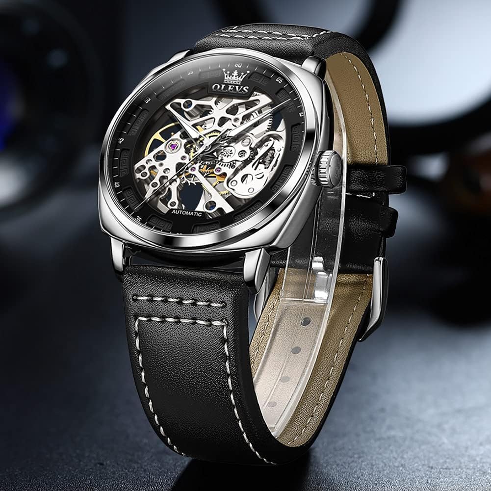 OUPINKE Mens Automatic Watch Skeleton Mechanical Self Winding Luxury Chronograph Calendar Luminous Watch for Men 50M Waterproof Sapphire Crystal