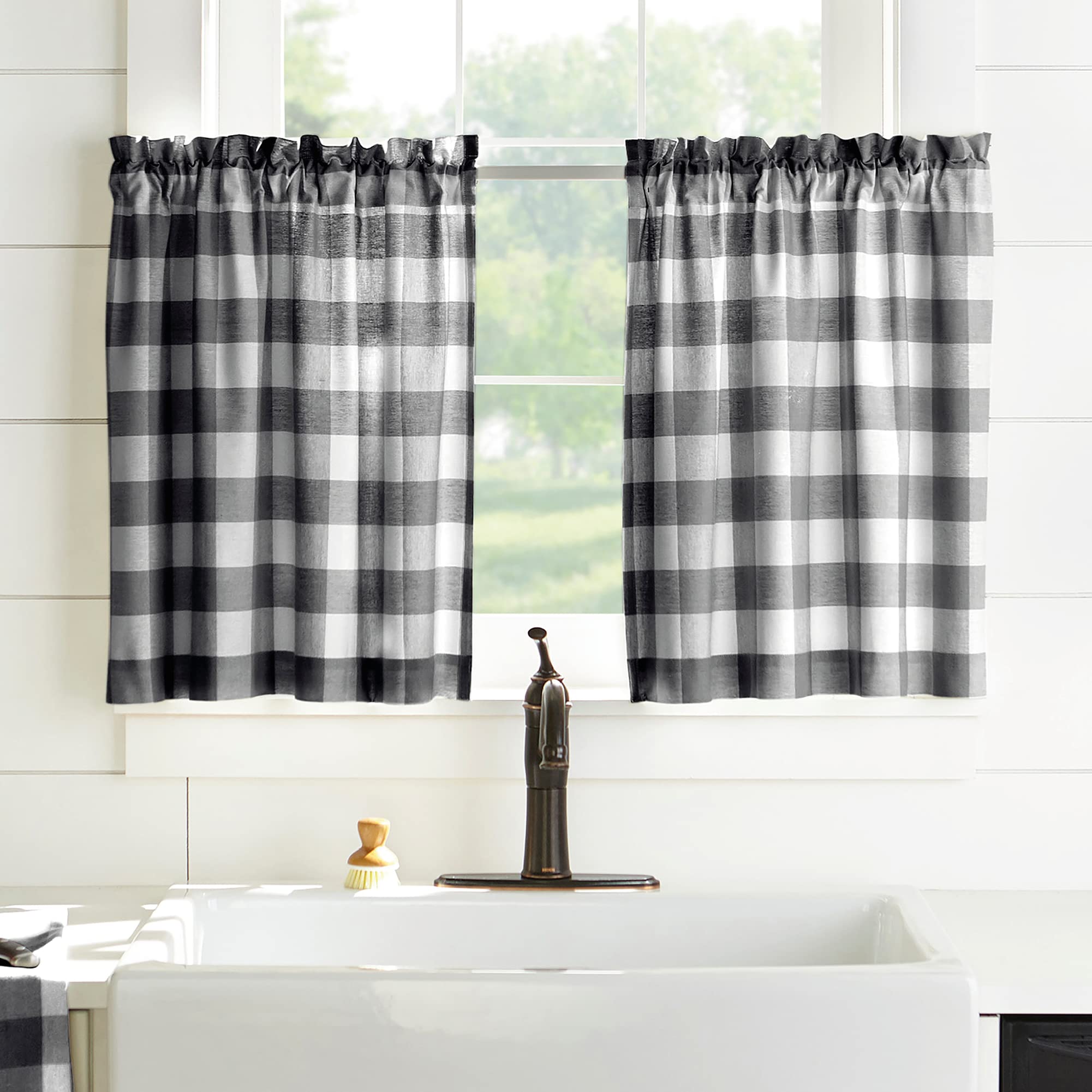 Elrene Buffalo Check Window Kitchen Tier Set, Cotton, Black/White, 30" W x 24" L (Pack of 2), W 24" x L 30" (2 Panels)