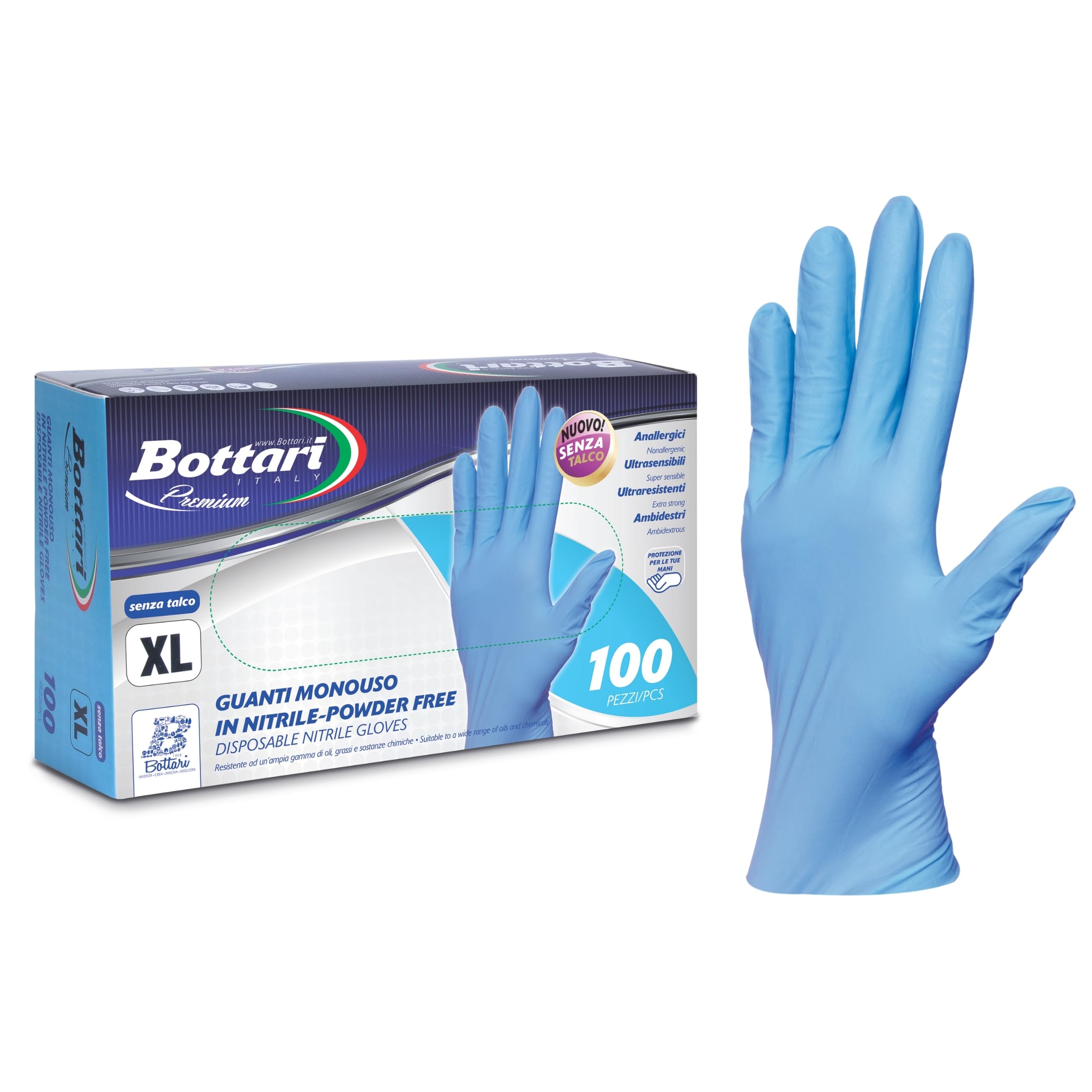 Bottari Guanti in Nitrile Monouso Blu, Senza Talco, Confezione da 100 Pezzi, Taglia XL, Anallergici, Resistenti