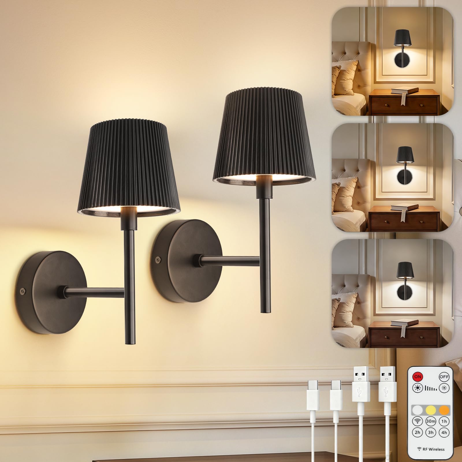 TaoFiaCo Black Rechargeable Wall Light with Remote Control - Modern Battery Operated Wall Lights Indoor for Living Room Bedroom - 3 Color Temperatures Wireless Wall Sconces - Striped Lampshade 2 Pack