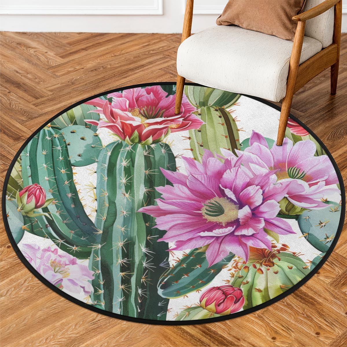 Round Rug 3' Area Rug Indoor Carpet Mat Tropical Plant Flower Green Palm Leaves Non-Slip Floor Mat for Bathroom Office Classroom Bedroom Nursery