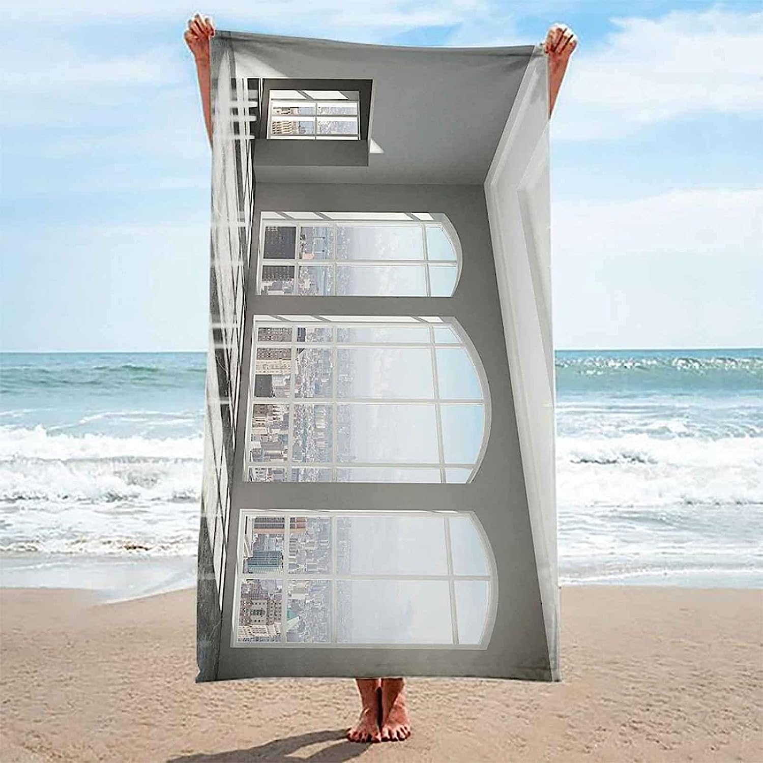 Telo Mare Microfibra Grande Edificio Bianco 200 X 200 Cm, 3D Telo Mare Leggero Antisabbia Per Donna Uomo, Asciugamano Microfibra Asciugatura Rapida Per Bagno, Spiaggia, Campeggio, Viaggio -9W0O+J5F